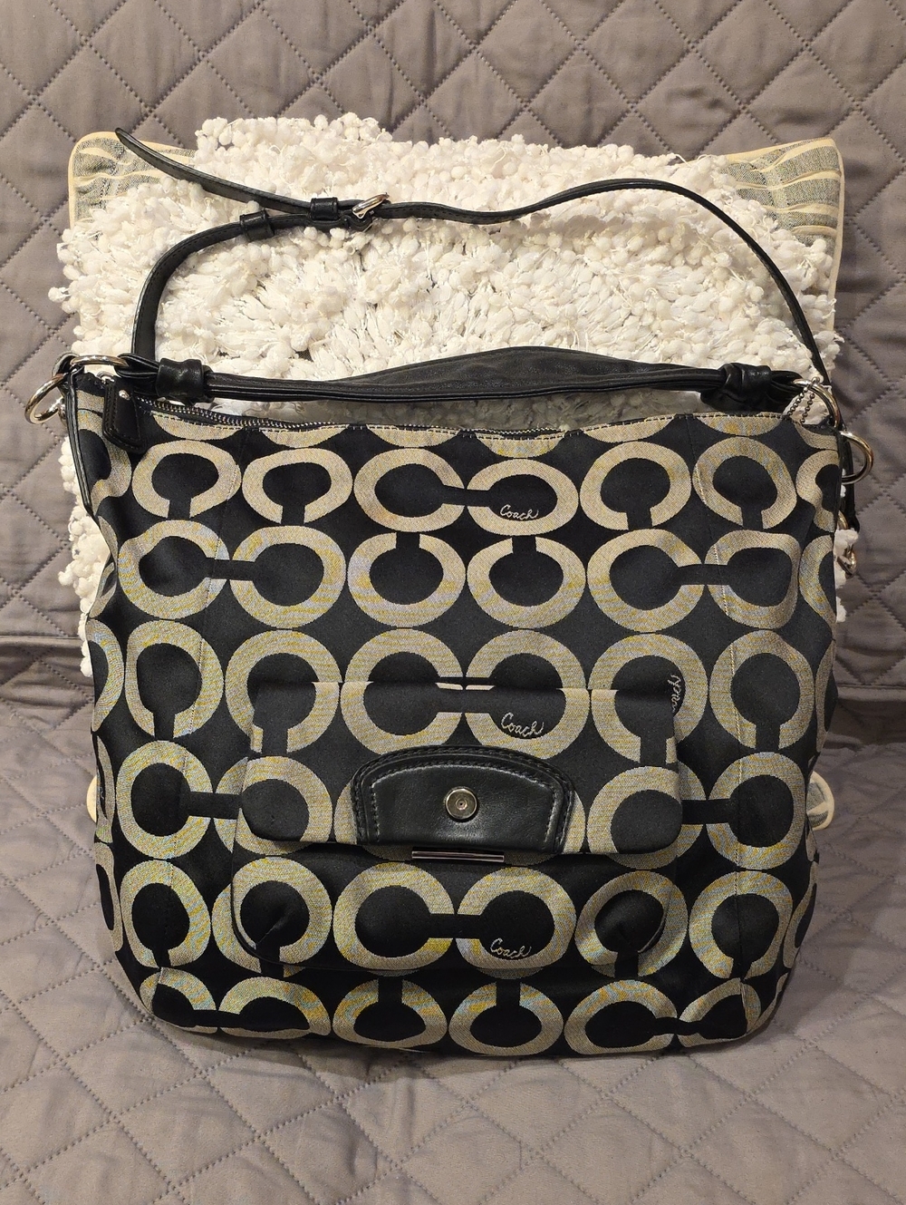 Coach Vintage Kristin Art Sateen Black and Grey Signature Circle Shoulder Bag